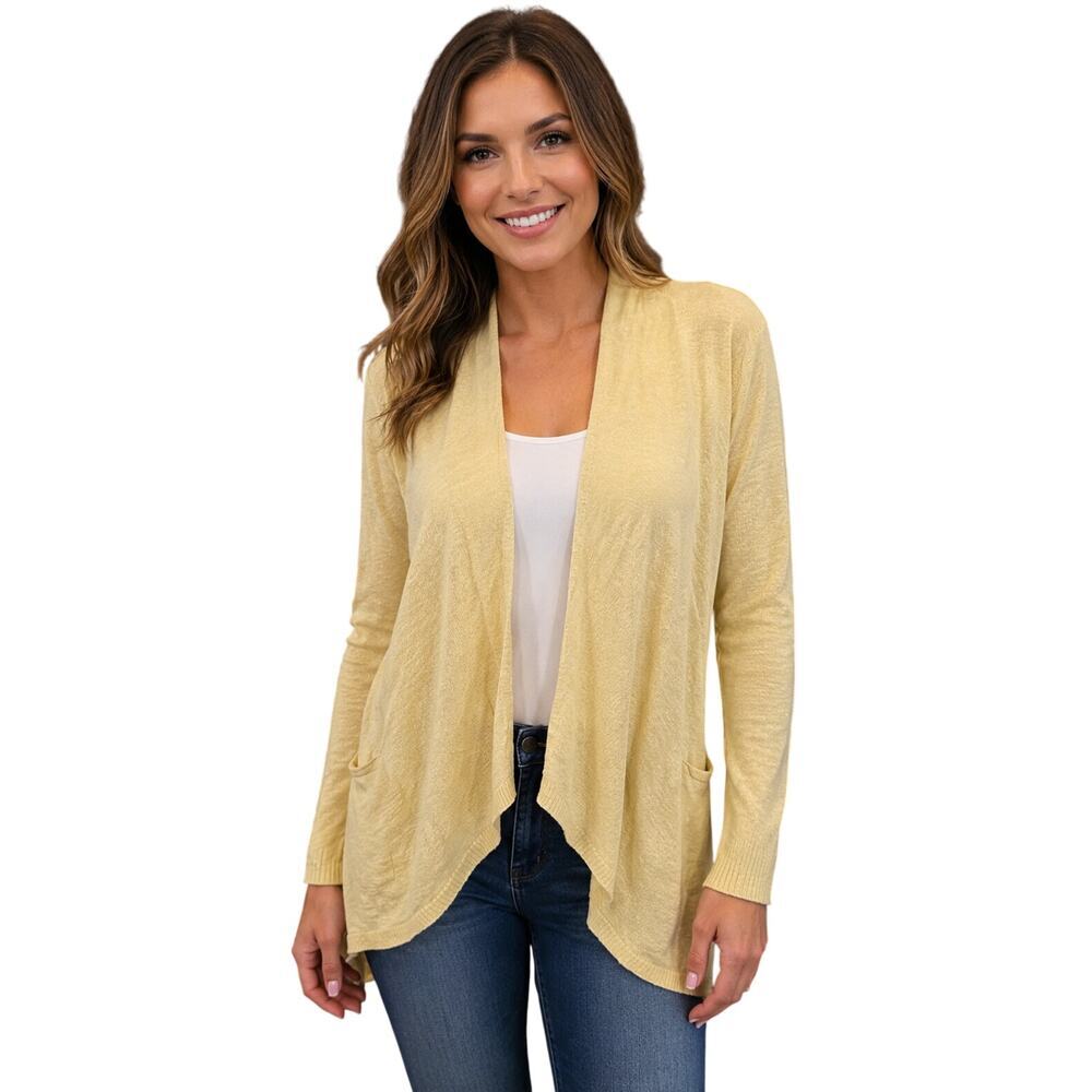 Eileen fisher sz M yellow pocket open cardigan linen blend slub knit sweater